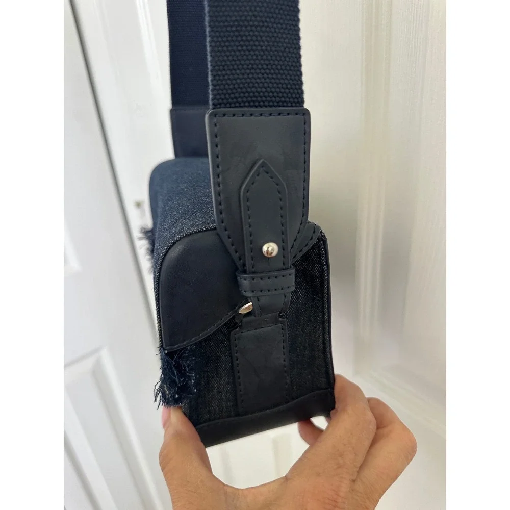 Charles & Keith Denim Crossbody Bag Dark Wash Frayed Fringe Faux Leather Trim